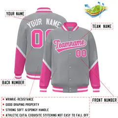 Gray Pink Color Block Full-Snap Varsity Letterman Baseball Jacket 2