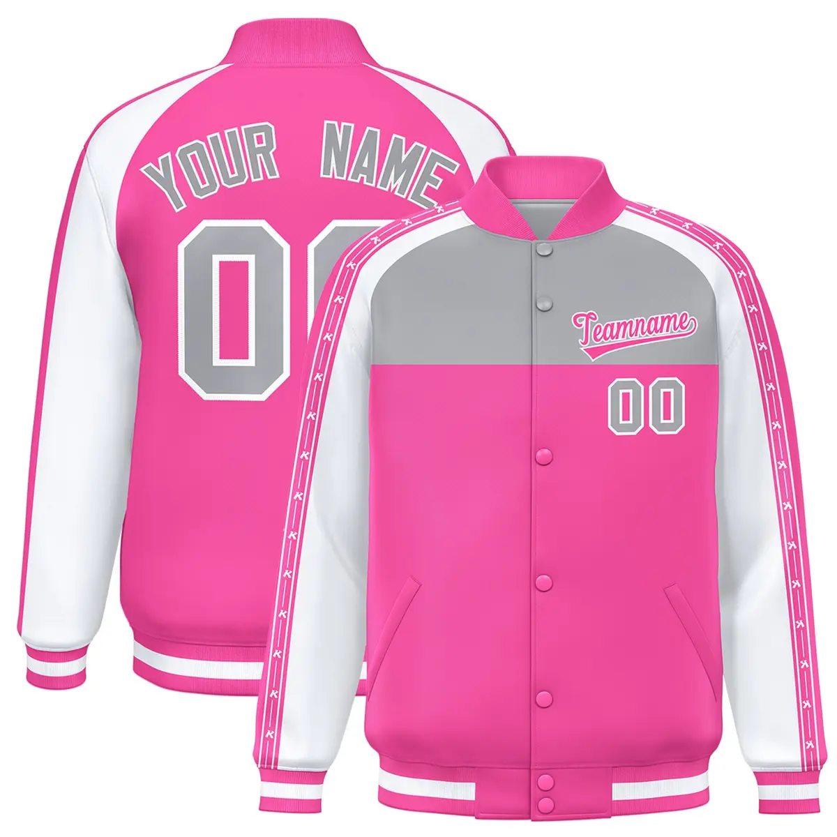 Gray Pink Color Block K-Ribbon Varsity Letterman Jacket