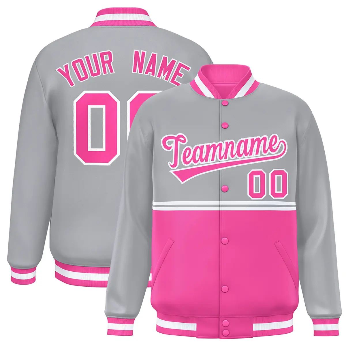 Gray Pink Color Block Varsity Full-Snap Letterman Jacket