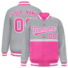Gray Pink Color Block Varsity Full-Snap Letterman Jacket