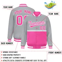 Gray Pink Color Block Varsity Full-Snap Letterman Jacket 2