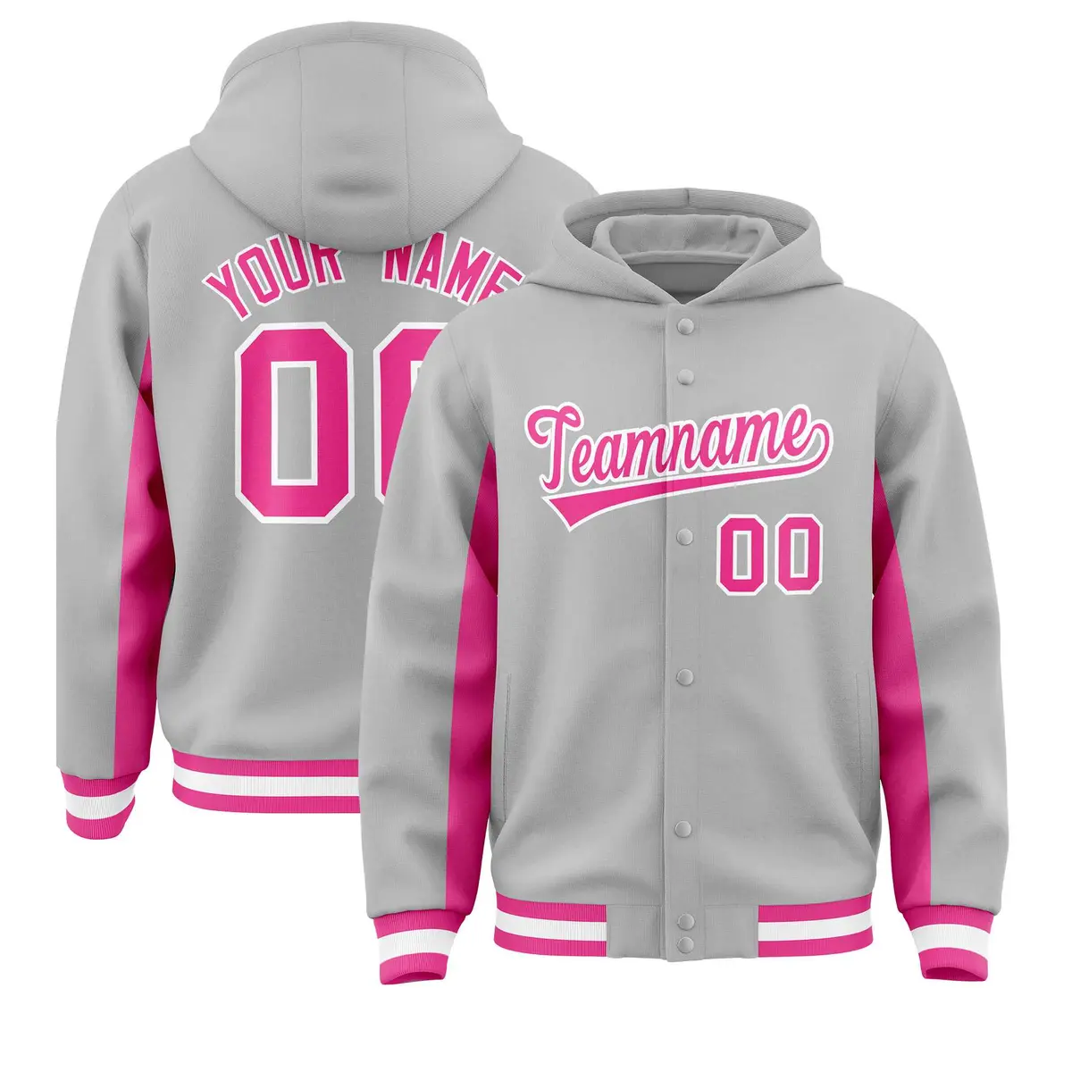 Gray Pink Color Block Varsity Letterman Jacket Hoodie