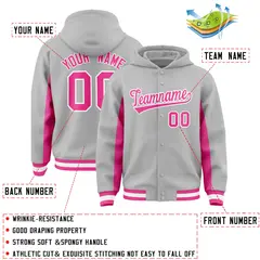 Gray Pink Color Block Varsity Letterman Jacket Hoodie 4