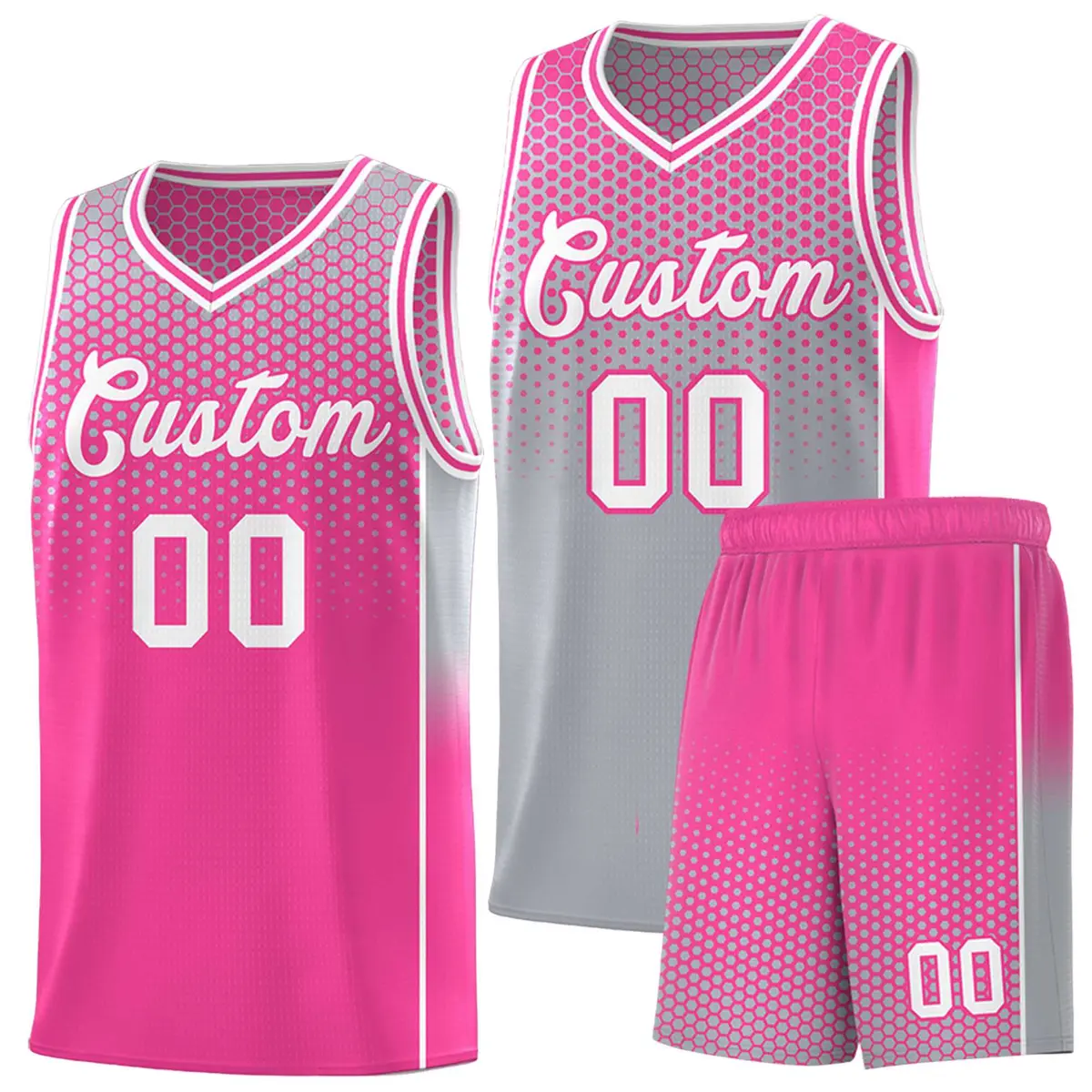 Gray Pink Dot Pattern Reversible Side Gradient Basketball Jersey Kits