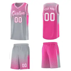 Gray Pink Dot Pattern Reversible Side Gradient Basketball Jersey Kits 5