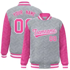Gray Pink L Pattern Raglan Full-Snap Varsity Letterman Jacket 1