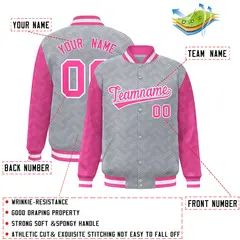 Gray Pink L Pattern Raglan Full-Snap Varsity Letterman Jacket 2