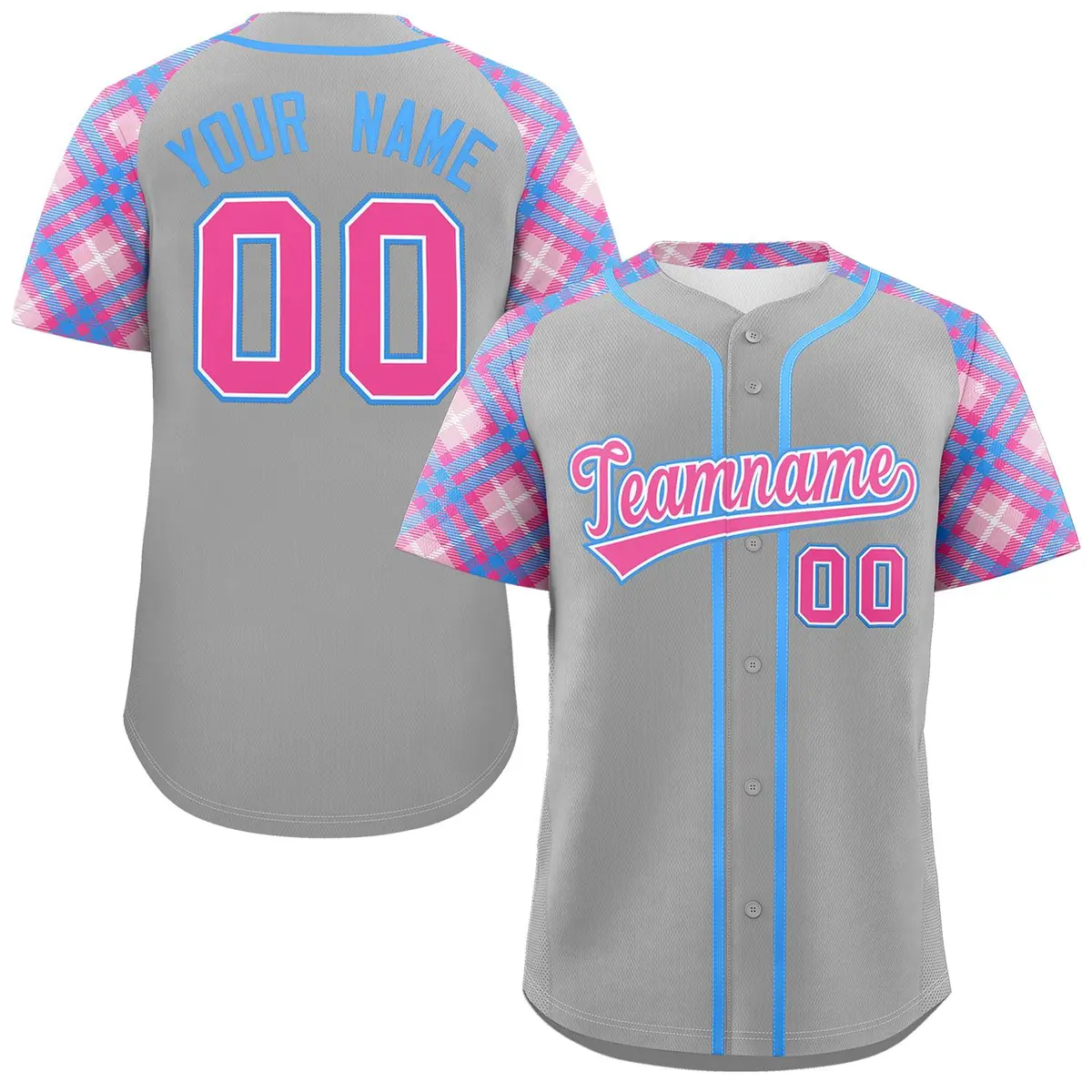 Gray Pink-Light Blue Raglan Sleeves Baseball Jersey
