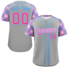 Gray Pink-Light Blue Raglan Sleeves Baseball Jersey 1