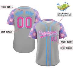 Gray Pink-Light Blue Raglan Sleeves Baseball Jersey 2