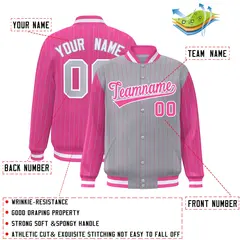 Gray Pink Pinstripe Raglan Varsity Letterman Baseball Jacket 2