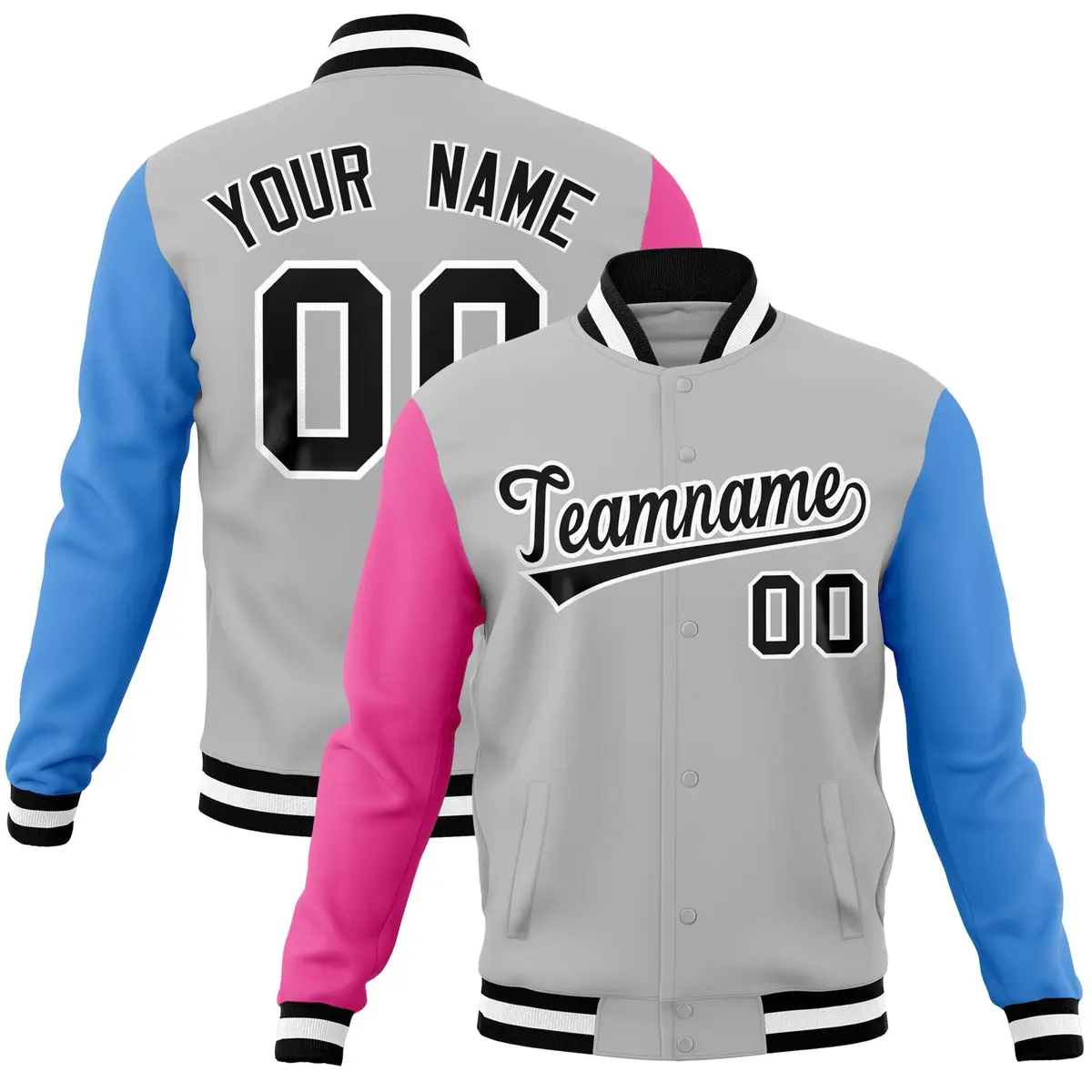 Gray Pink-Powder Blue Full-Snap Raglan Varsity Letterman Jacket