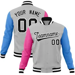 Gray Pink-Powder Blue Full-Snap Raglan Varsity Letterman Jacket 1