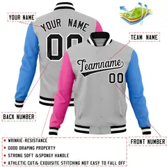 Gray Pink-Powder Blue Full-Snap Raglan Varsity Letterman Jacket 4