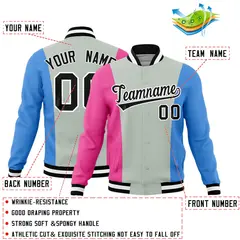 Gray Pink Powder Blue Three Color Block Varsity Letterman Jacket 2