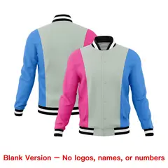 Gray Pink Powder Blue Three Color Block Varsity Letterman Jacket 7