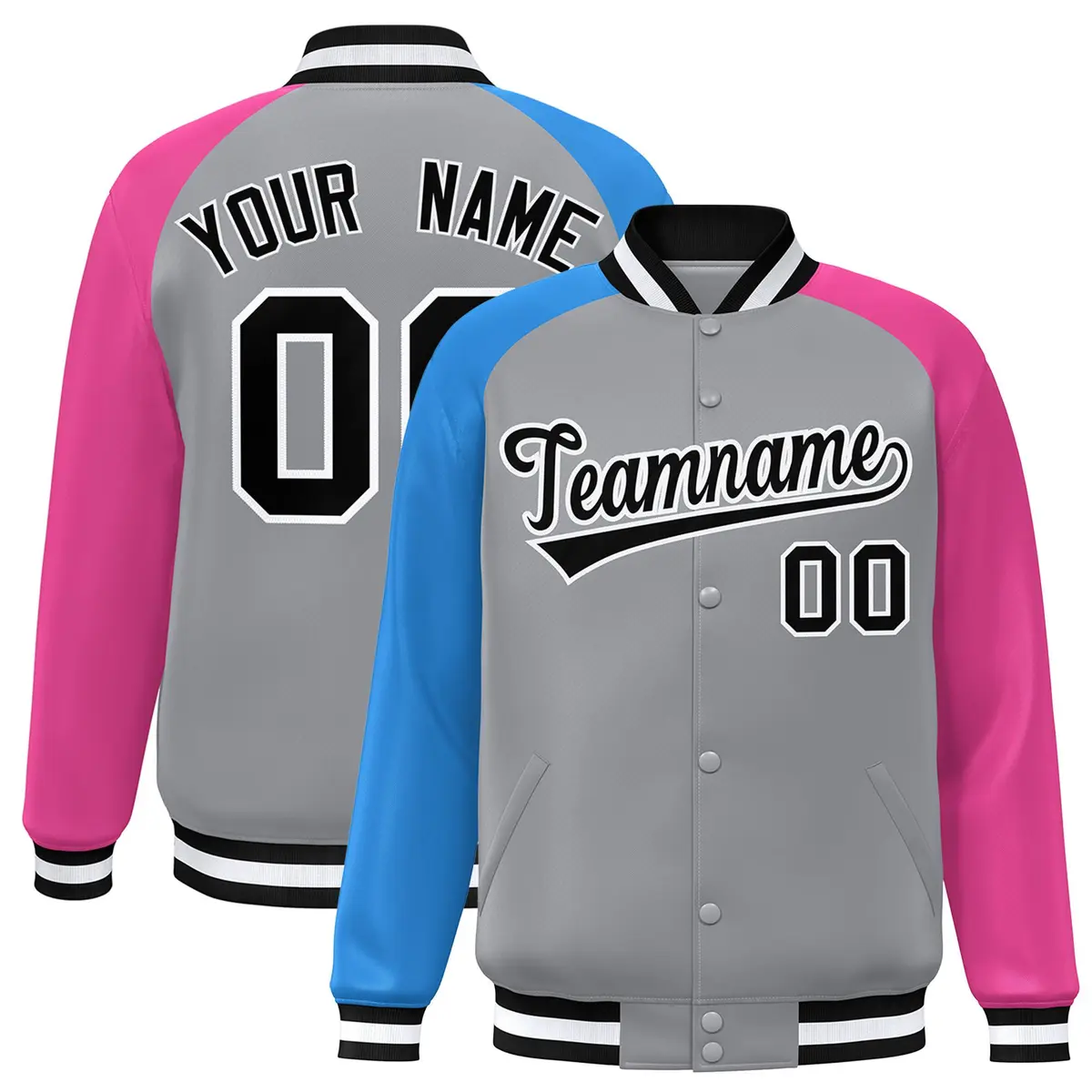 Gray Pink-Powder Blue Varsity Raglan Letterman Bomber Jacket