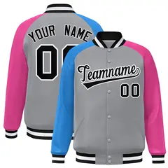 Gray Pink-Powder Blue Varsity Raglan Letterman Bomber Jacket