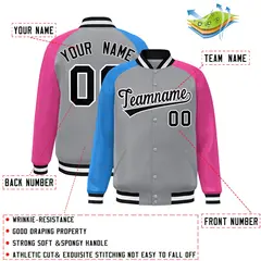 Gray Pink-Powder Blue Varsity Raglan Letterman Bomber Jacket 2