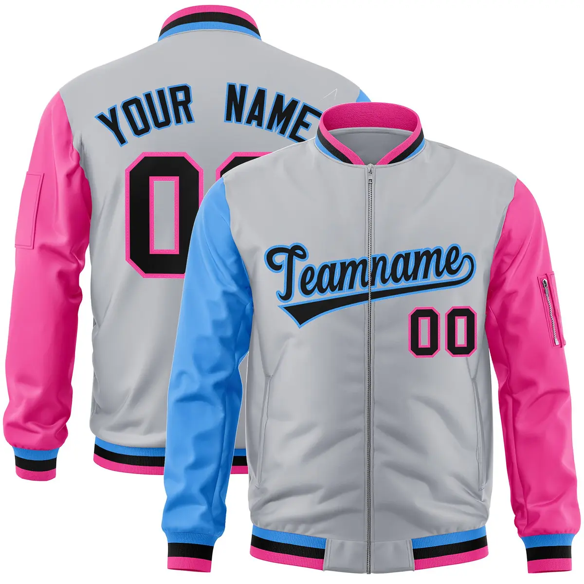 Gray Pink-Powder Blue Varsity Raglan Letterman Bomber Jacket