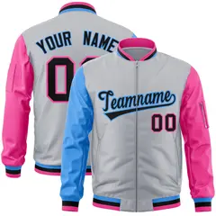 Gray Pink-Powder Blue Varsity Raglan Letterman Bomber Jacket