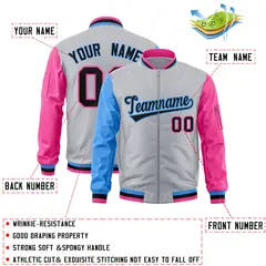 Gray Pink-Powder Blue Varsity Raglan Letterman Bomber Jacket 2