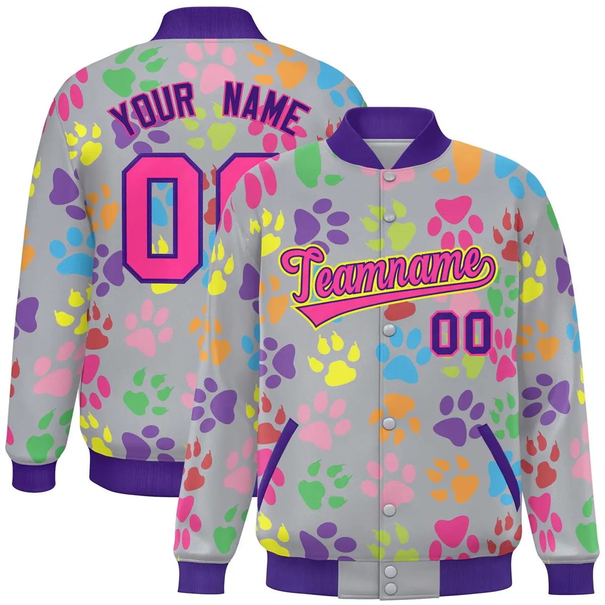 Gray Pink-Purple Paw Prints Graffiti Varsity Letterman Baseball Jacket