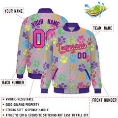 Gray Pink-Purple Paw Prints Graffiti Varsity Letterman Baseball Jacket 2