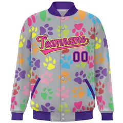 Gray Pink-Purple Paw Prints Graffiti Varsity Letterman Baseball Jacket 3