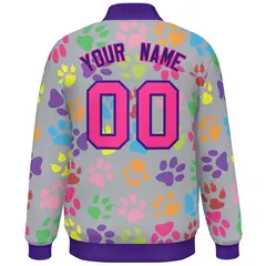 Gray Pink-Purple Paw Prints Graffiti Varsity Letterman Baseball Jacket 4