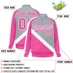 Gray Pink Raglan Varsity Full-Snap Letterman Baseball Jacket 2