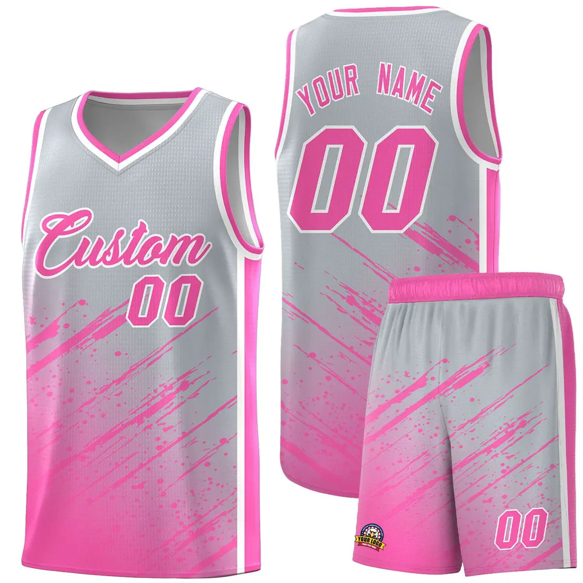 Gray Pink Splash Basketball Uniforms for Matches