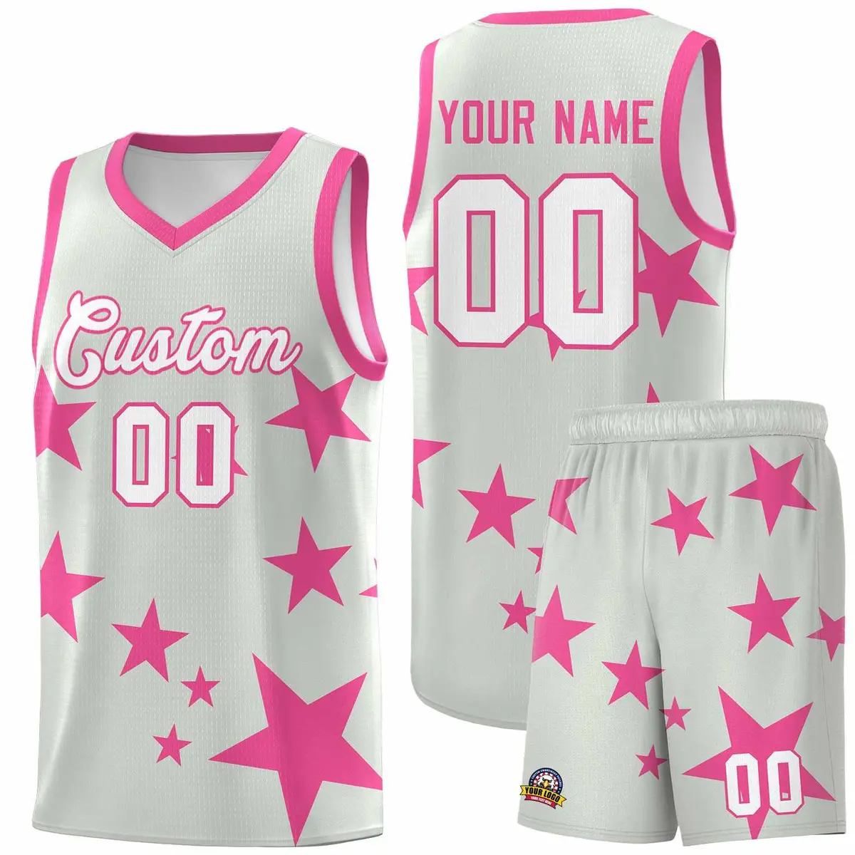 Gray Pink Star Print Graffiti Basketball Jersey Sets