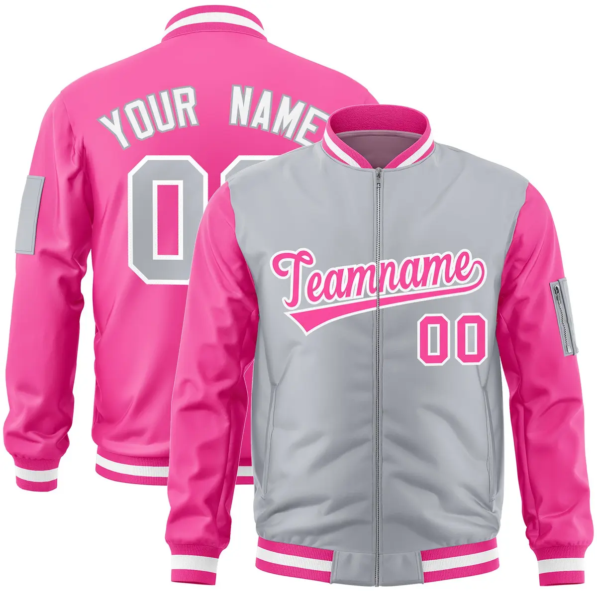 Gray Pink Two-Tone Varsity Letterman Bomber Jacket
