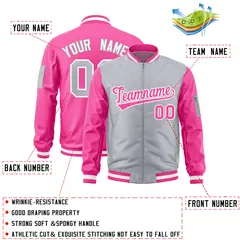 Gray Pink Two-Tone Varsity Letterman Bomber Jacket 2