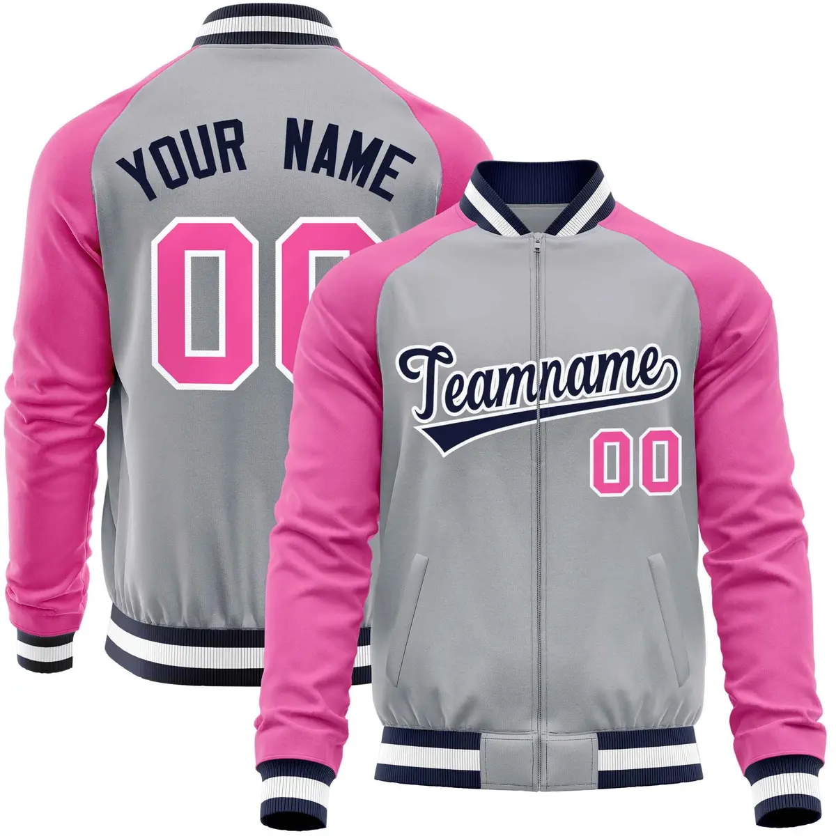 Gray Pink Varsity Full-Zip Raglan Letterman Baseball Jacket
