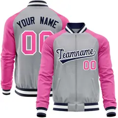 Gray Pink Varsity Full-Zip Raglan Letterman Baseball Jacket 1