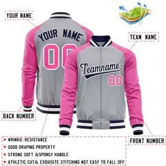 Gray Pink Varsity Full-Zip Raglan Letterman Baseball Jacket 4
