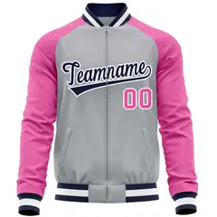 Gray Pink Varsity Full-Zip Raglan Letterman Baseball Jacket 5