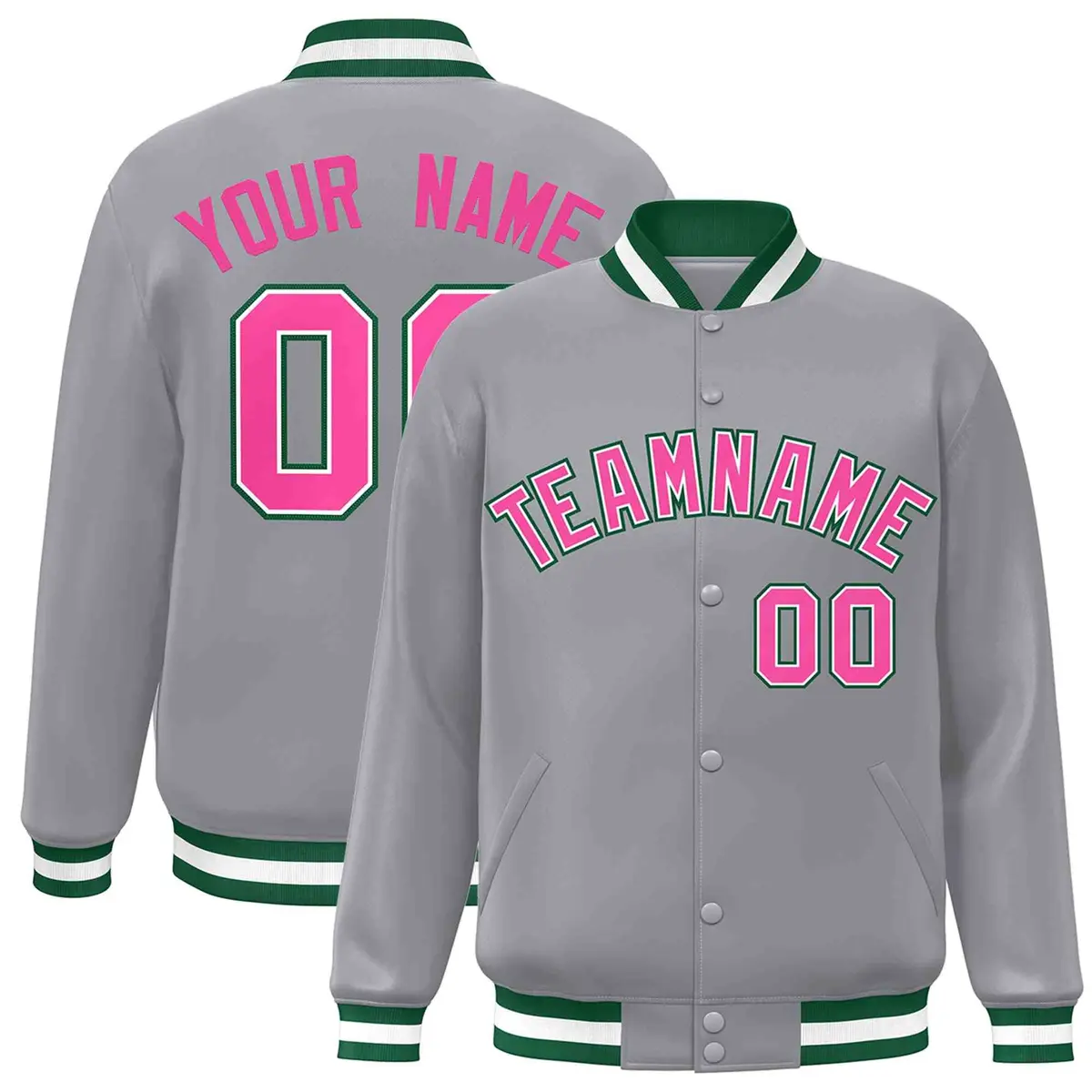 Gray Pink-White Classic Varsity Full-Snap Letterman Jacket