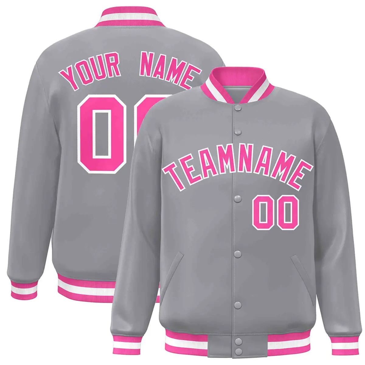 Gray Pink-White Classic Varsity Full-Snap Letterman Jacket