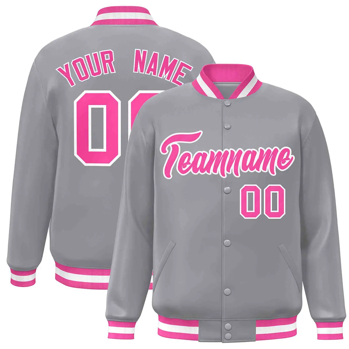 Gray Pink-White Classic Varsity Full-Snap Letterman Jacket