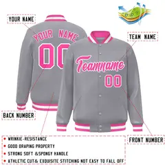 Gray Pink-White Classic Varsity Full-Snap Letterman Jacket 2