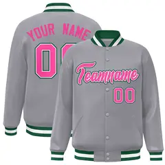 Gray Pink-White Classic Varsity Full-Snap Letterman Jacket 1