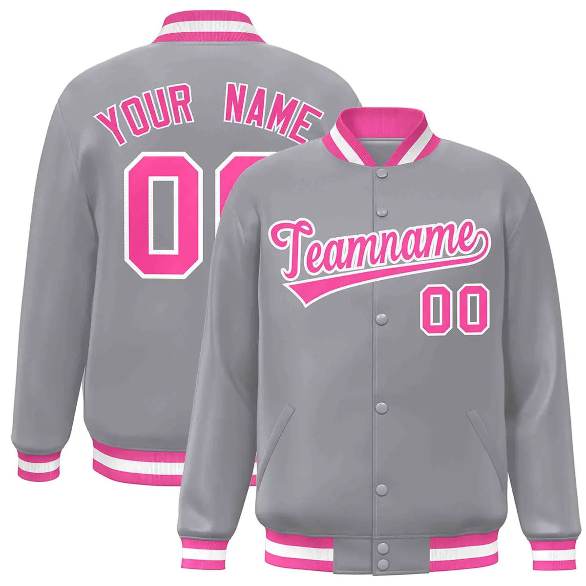 Gray Pink-White Classic Varsity Full-Snap Letterman Jacket