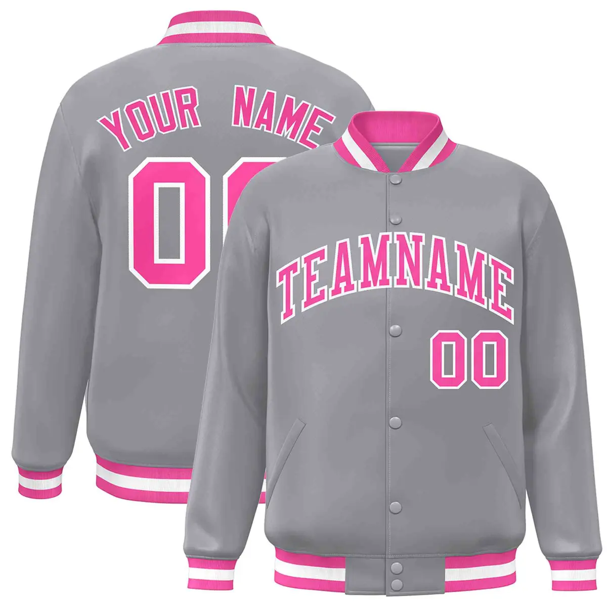 Gray Pink-White Classic Varsity Full-Snap Letterman Jacket