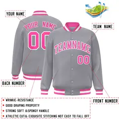 Gray Pink-White Classic Varsity Full-Snap Letterman Jacket 2