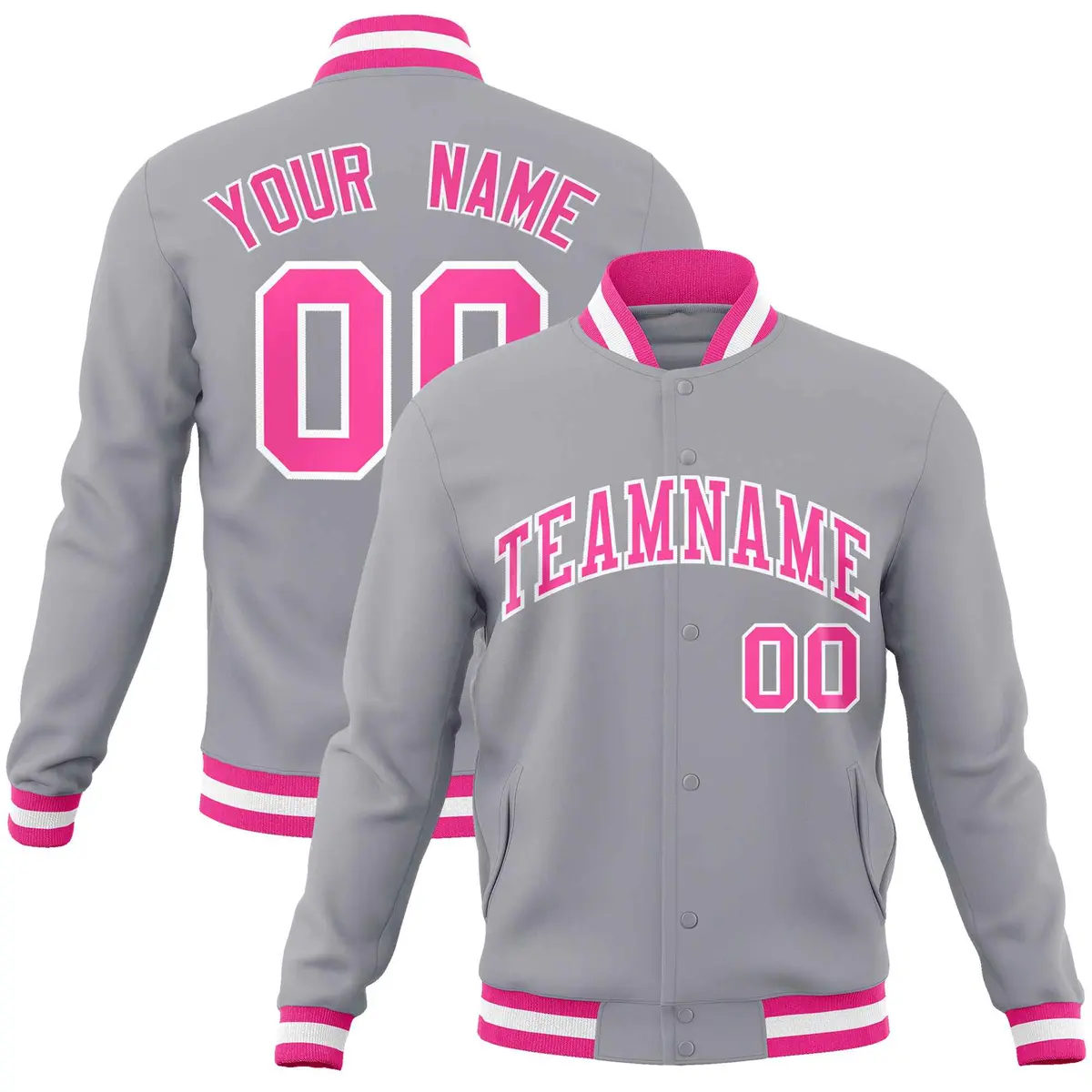 Gray Pink-White Classic Varsity Full-Snap Letterman Jacket