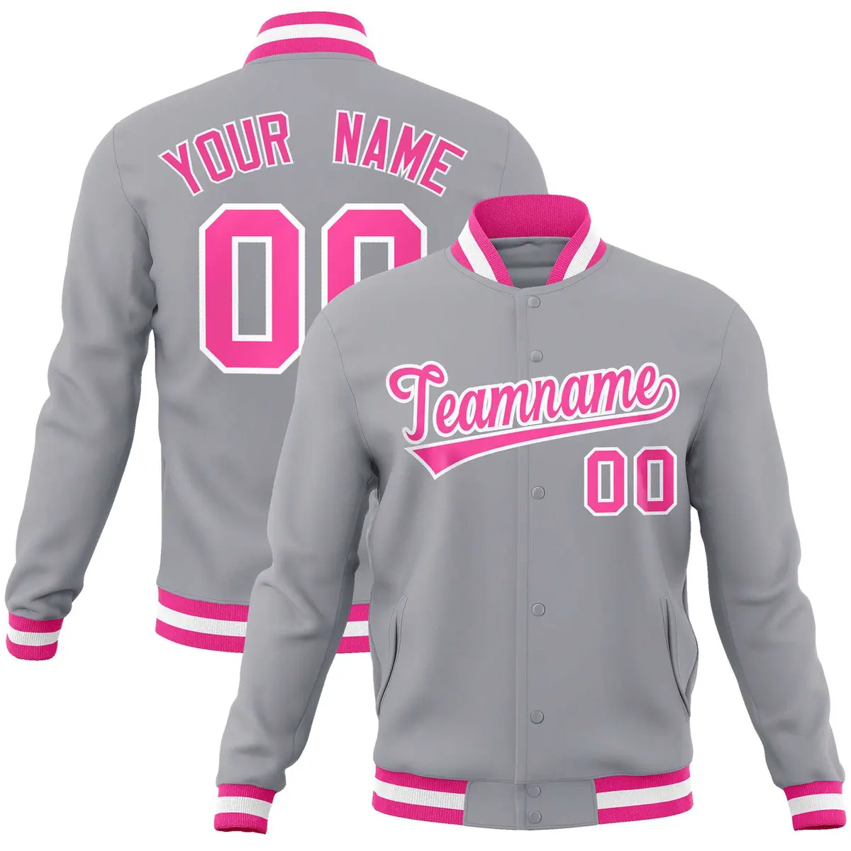 Gray Pink-White Classic Varsity Full-Snap Letterman Jacket
