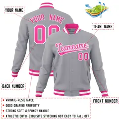 Gray Pink-White Classic Varsity Full-Snap Letterman Jacket 4